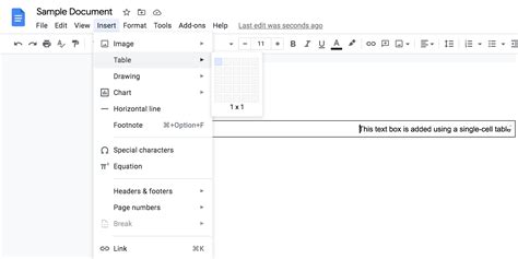 habituate a Single Cell tabularize to Insert a Text Box in Google Docs