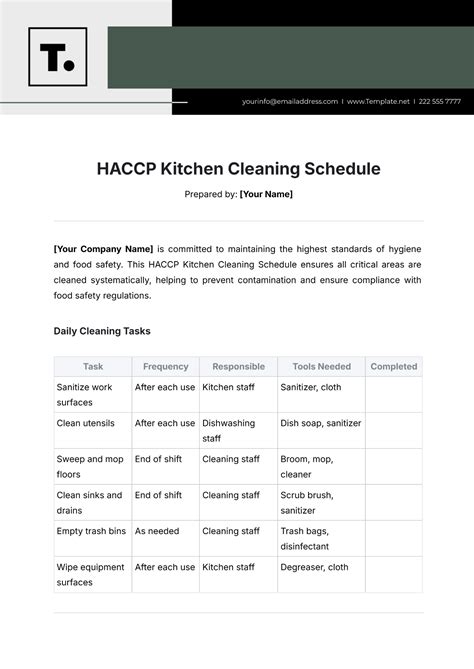 Haccp Cleaning Schedule Example