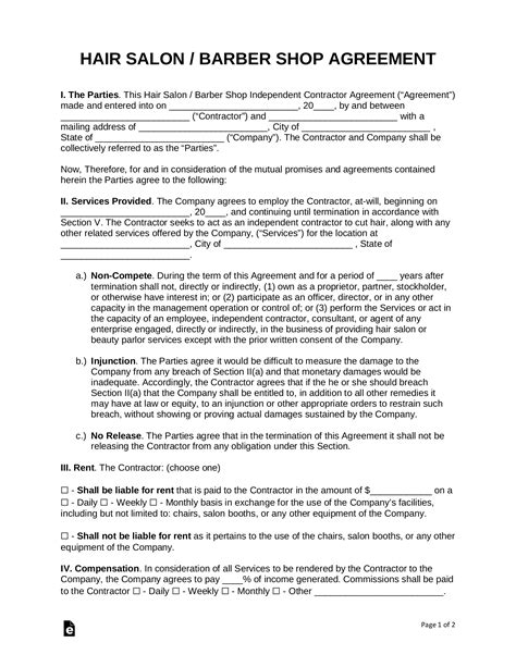 Free Salon Independent Contractor Agreement Template PDF Word eForms