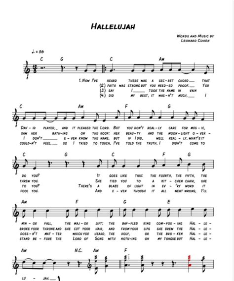 hallelujah in c major sheet music