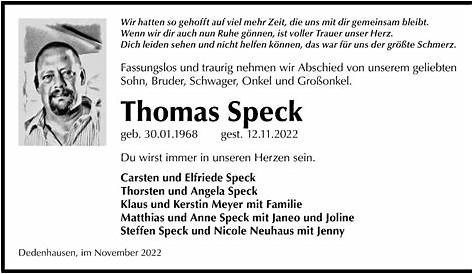 Traueranzeigen von Thomas Speck | trauer-anzeigen.de