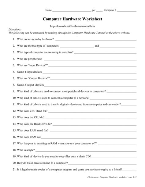 Hardware Components Worksheet