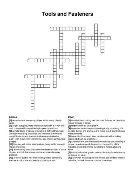 Hardware Fasteners Crossword