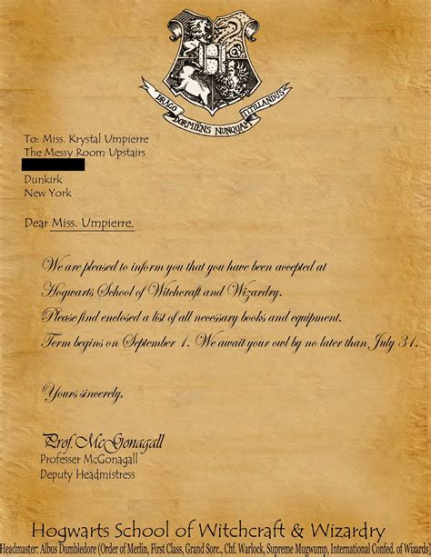 harry potter letter example