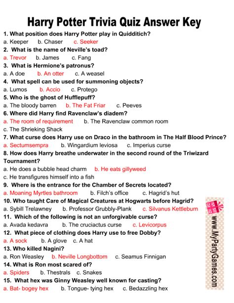 Harry Potter Trivia Printable