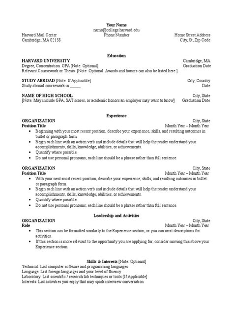 harvard cv template free download