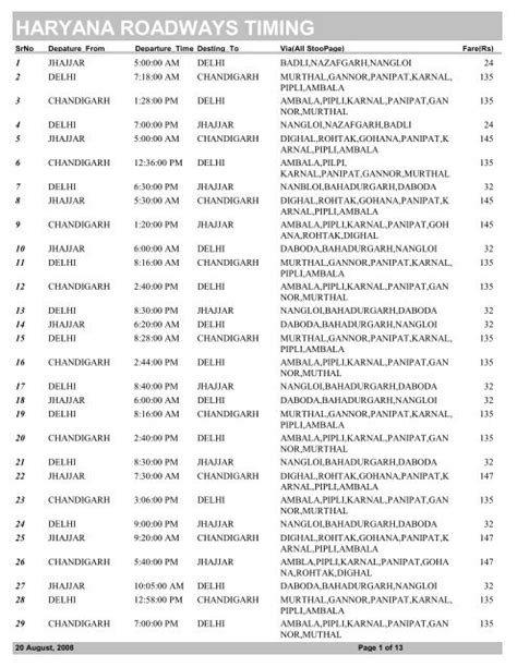 haryana roadways time table pdf