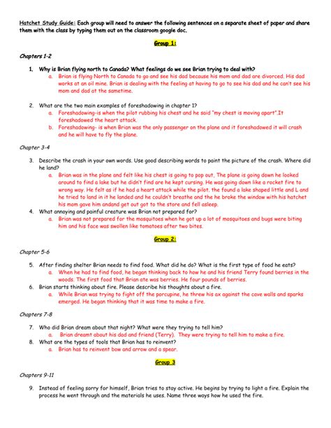 hatchet questions by chapter