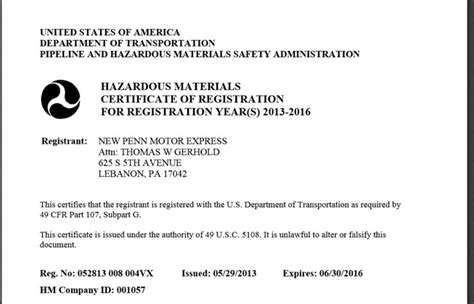 hazardous material certification registration