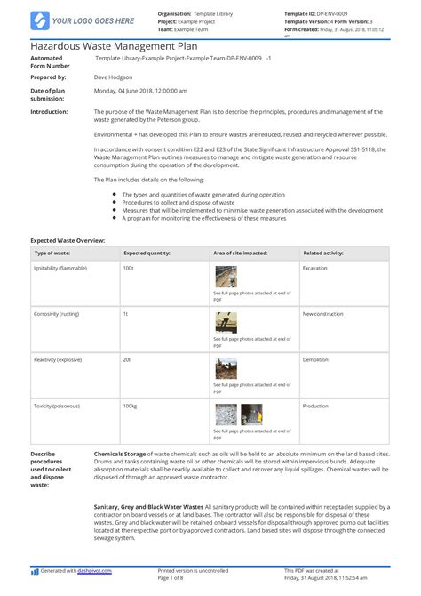 Hazardous Waste Management Plan Template Emb