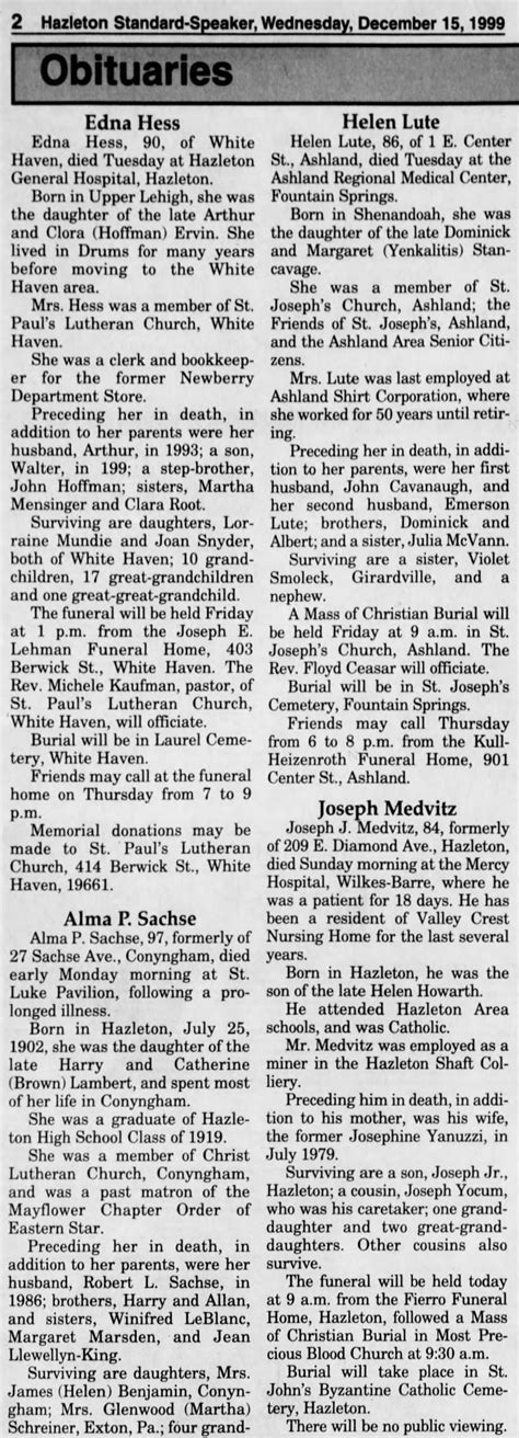 hazleton standard speaker obituaries