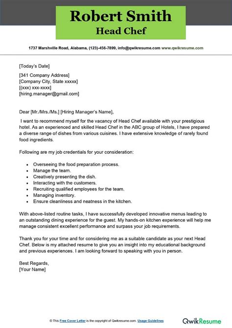 head chef cover letter templates