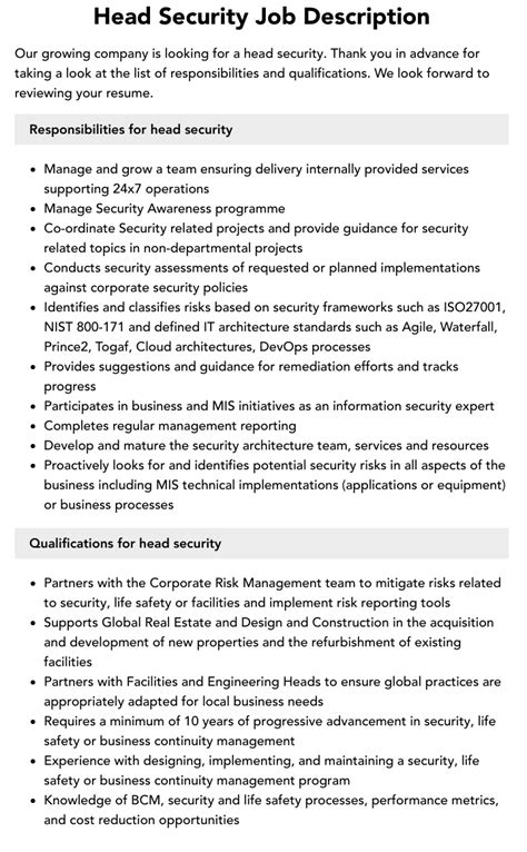 Head Of Information Security Job Description