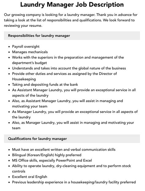 Head Of Laundry Job Description