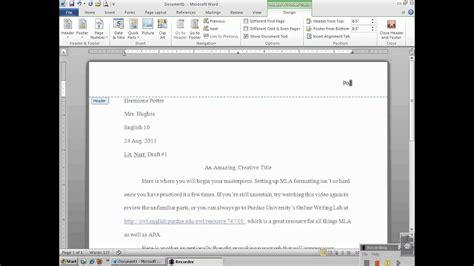 header for mla format microsoft word