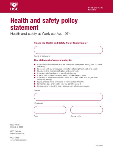 health and safety at work policy template