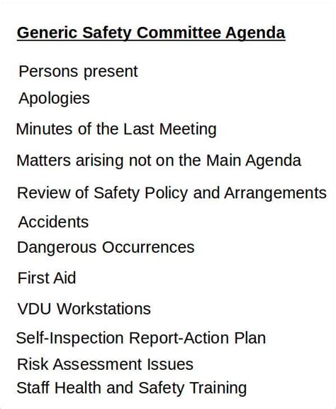 health and safety committee agenda template