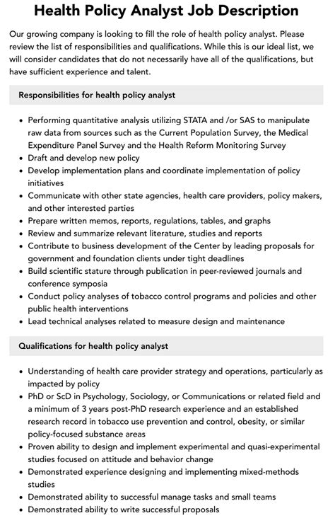 health policy analyst job description