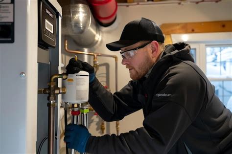 Heating system technician inspecting furnace