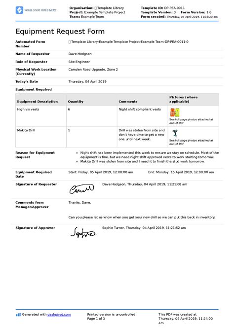 heavy equipment request form template