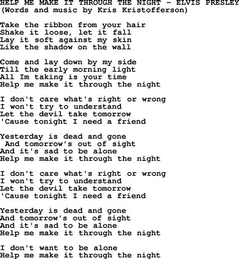 Willie Nelson song Help Me Make It Through The Night, lyrics