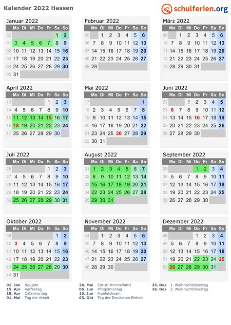 Kalender 2022 + Ferien Hessen, Feiertage