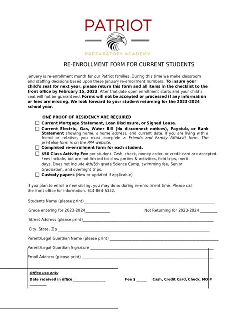 high school reenrollment form template