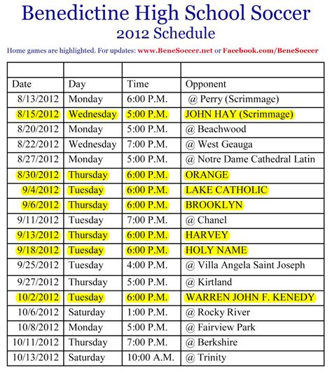 high school soccer schedule