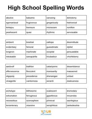 High School Spelling Words List Printable