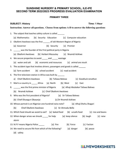 history exam questions for primary 3 second term with answers