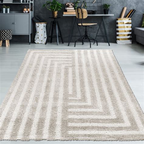 Hochflor Teppich Wohnzimmer Shaggy 3D Muster Modern Pastell Grau Rot