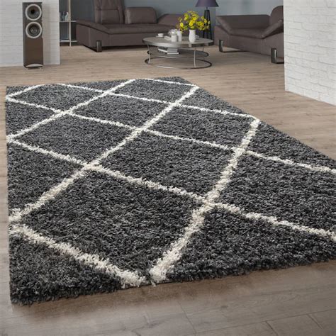 Hochflor Shaggy Teppich Linien Design Anthrazit Teppich.de