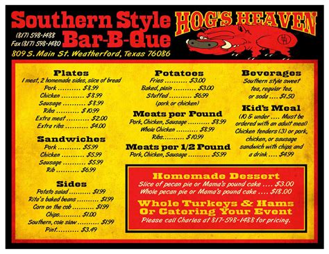hog heaven menu prices