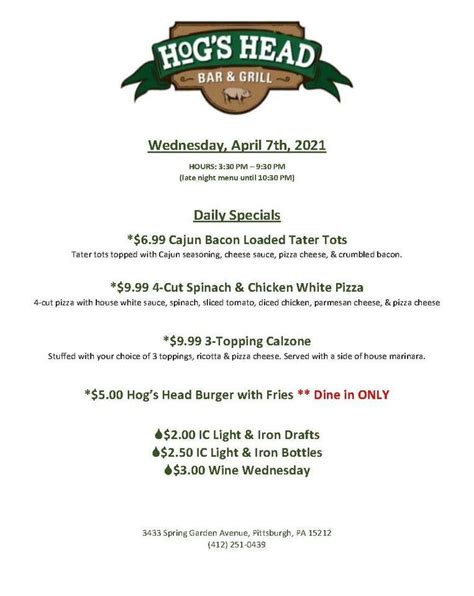 Hogs Head Kitchen Menu