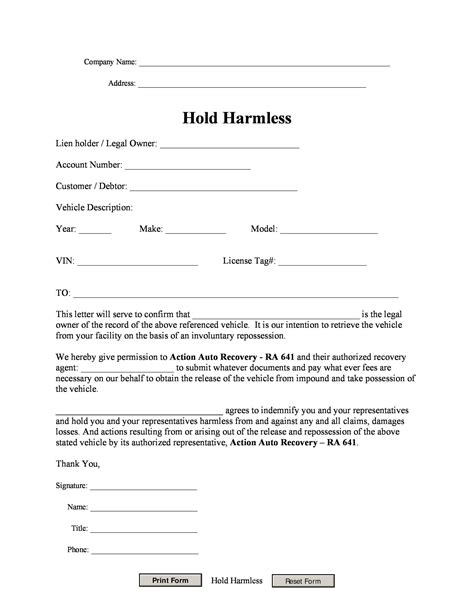 Hold Harmless Agreement Printable