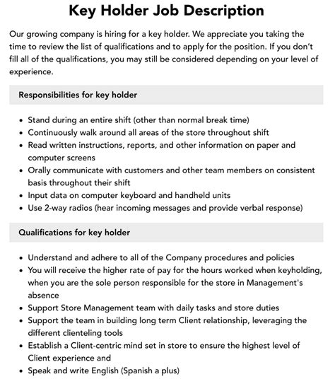 Holder Position Job Description