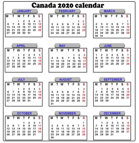 holiday calendar 2020 canada