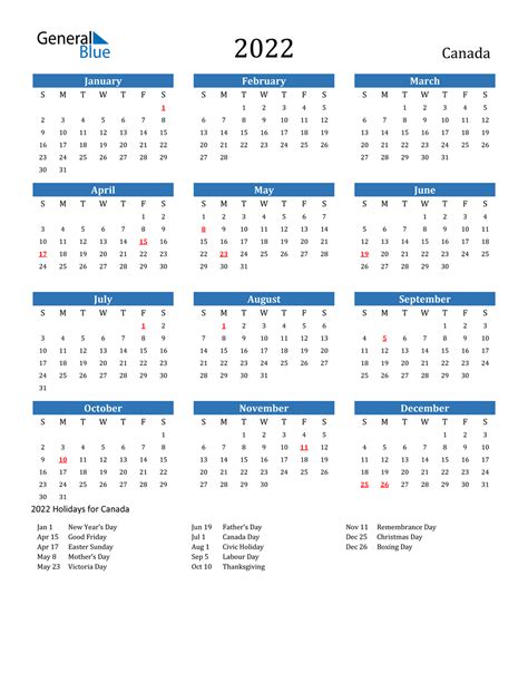 holiday calendar 2022 canada