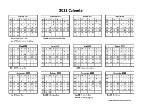 holiday calendar 2022 template