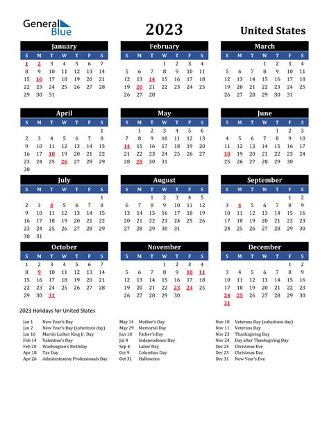 holiday calendar 2023 usa download