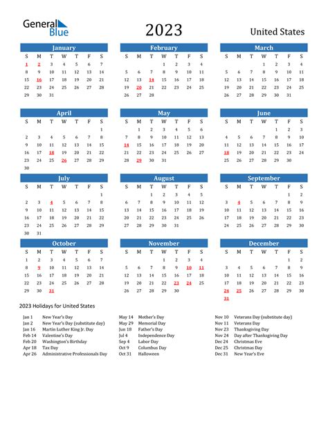 holiday calendar 2023 usa free