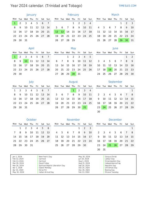 holiday calendar 2024 trinidad