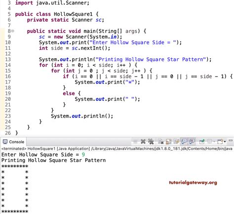 hollow square pattern program in java