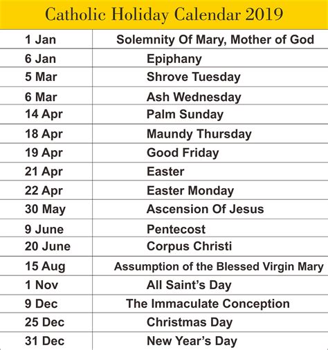holy days in catholic church calendar