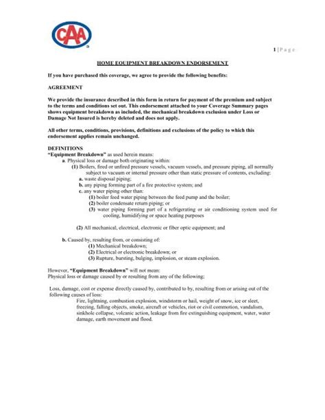 Home Equipment Breakdown Coverage Caa