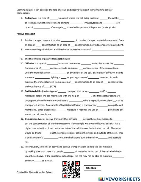 homeostasis passive and active transport worksheet