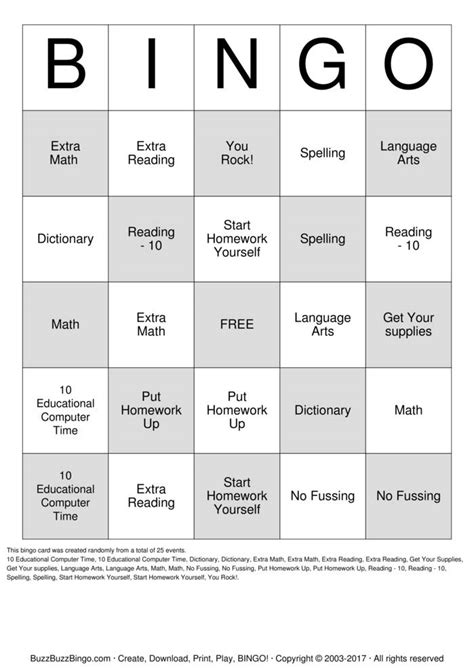 Homework Spelling Bingo Printable