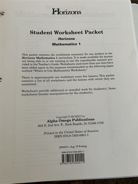 Horizons Math 1 Worksheets