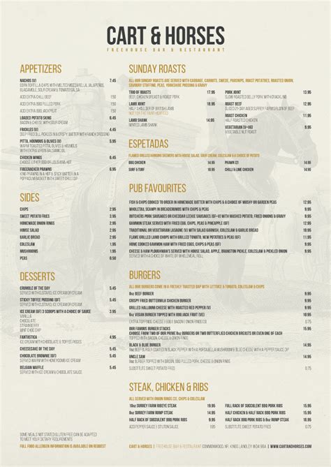 Horses Restaurant Menu