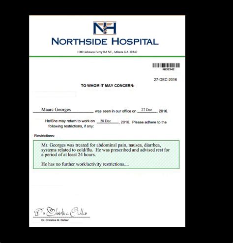 hospital sick note template